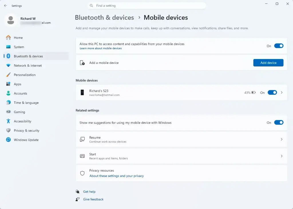 Settings › Bluetooth & devices › Mobile devices
