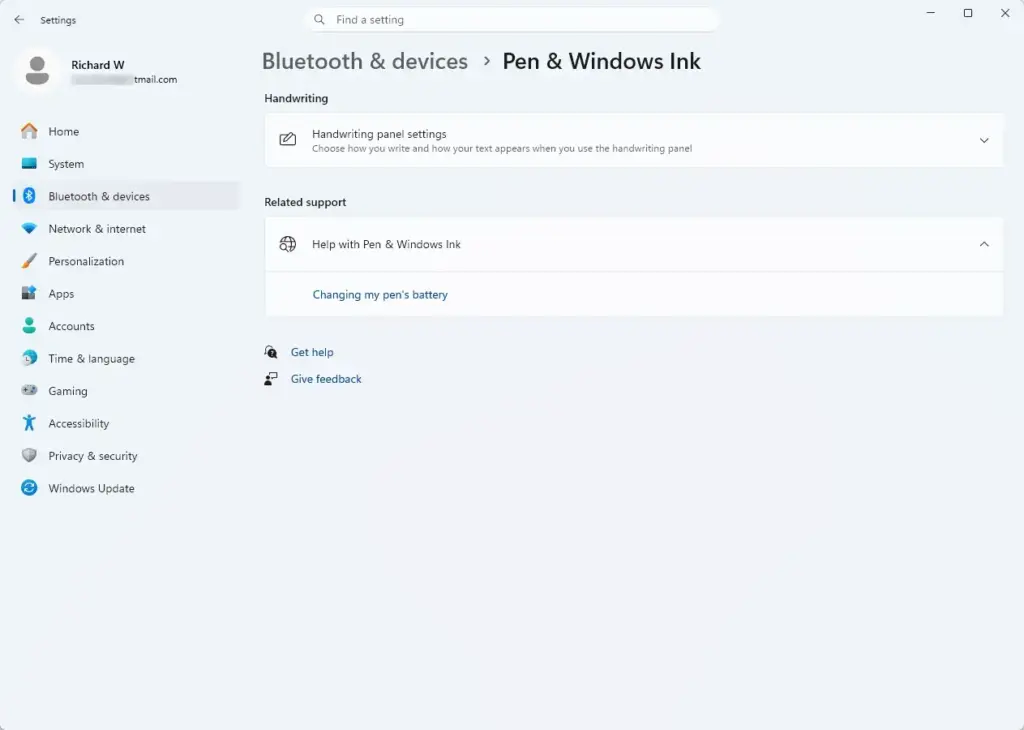 Settings › Bluetooth & devices › Pen & Windows Ink