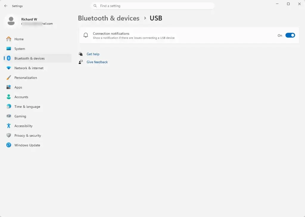 Settings › Bluetooth & devices › USB