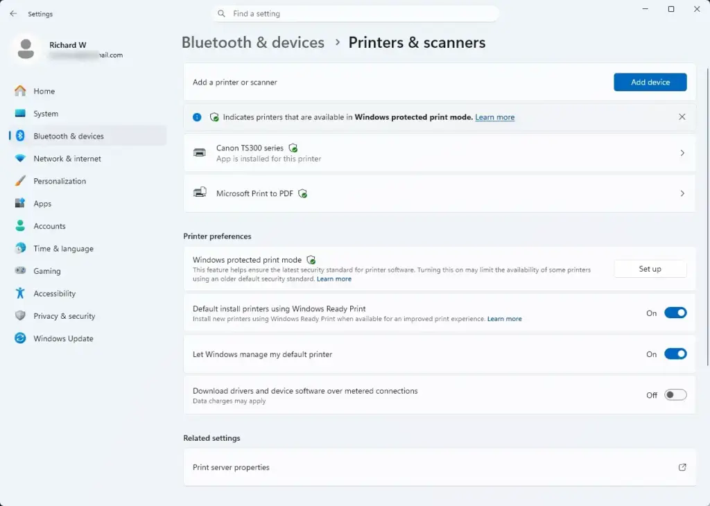 Settings › Bluetooth › Printers