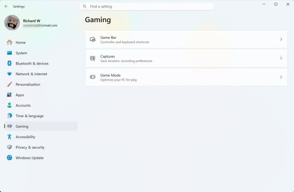 Settings › Gaming