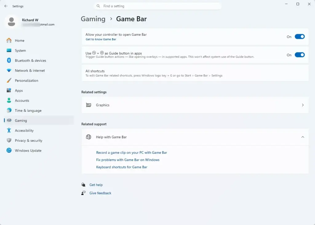 Settings › Gaming › Game Bar