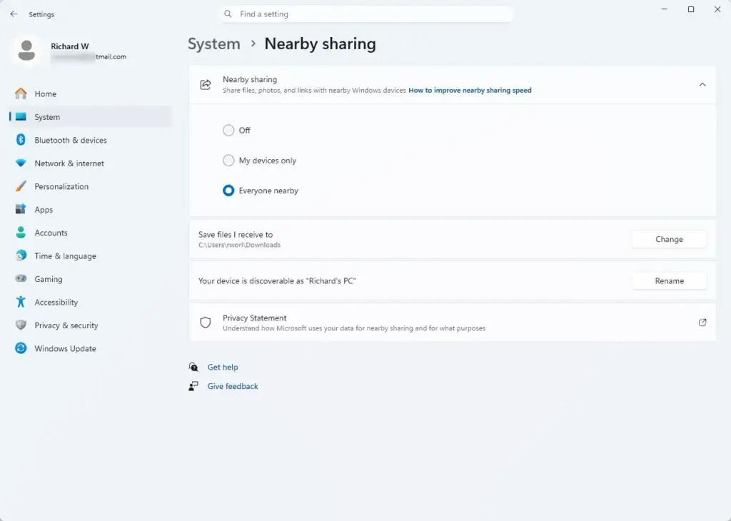 Settings › Nearby sharing
