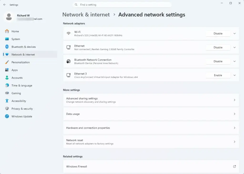 Settings › Network & internet › Advanced network settings