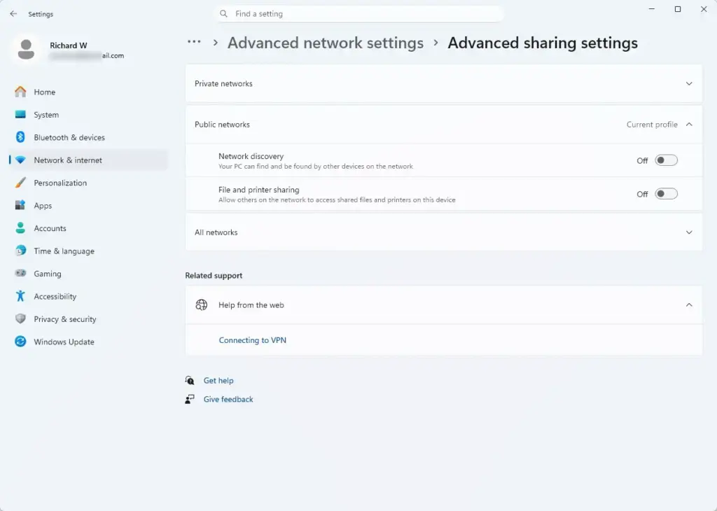 Settings › Network & internet › Advanced network settings › Advanced sharing settings
