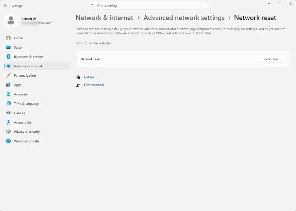Settings › Network & internet › Advanced network settings › Network reset