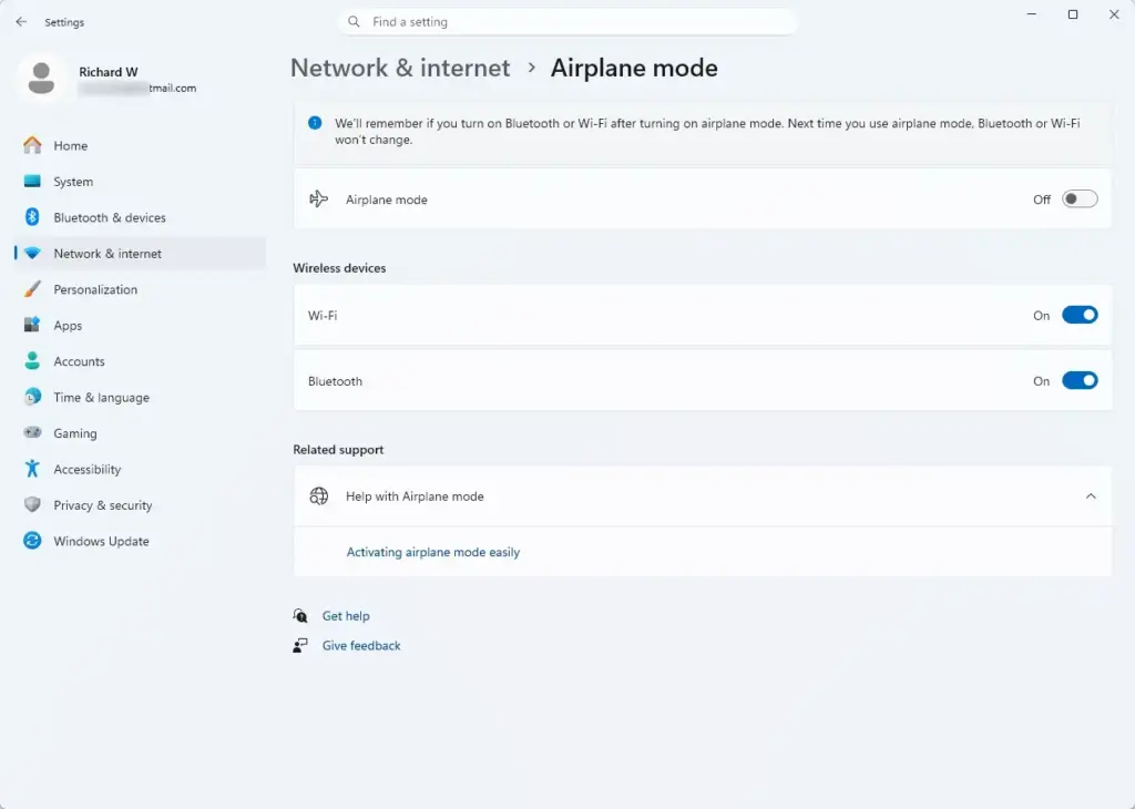 Settings › Network & internet › Airplane mode