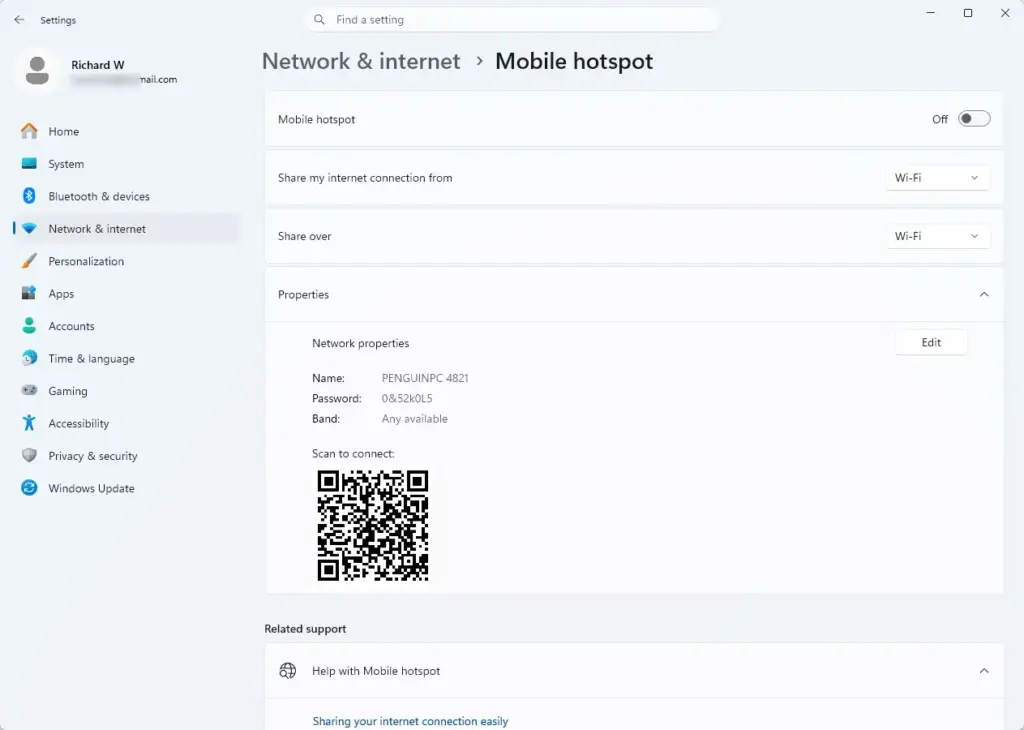 Settings › Network & internet › Mobile hotspot
