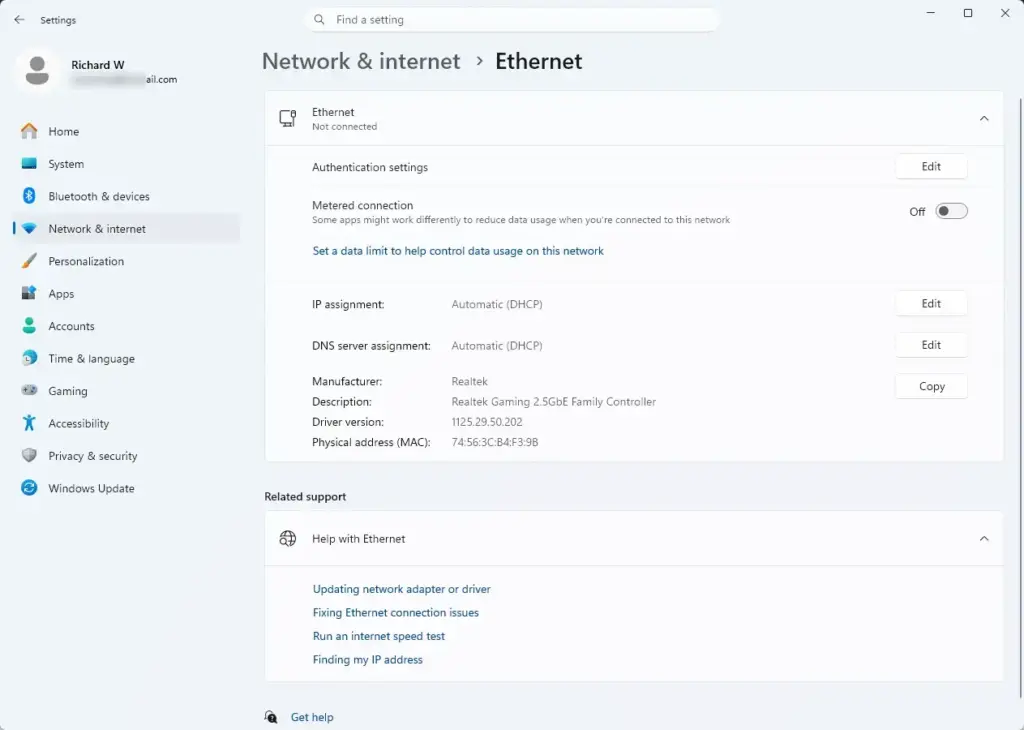 Settings › Network › Ethernet
