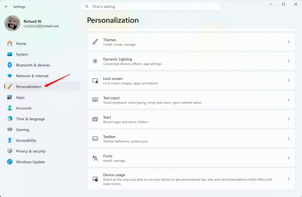 Settings › Personalization