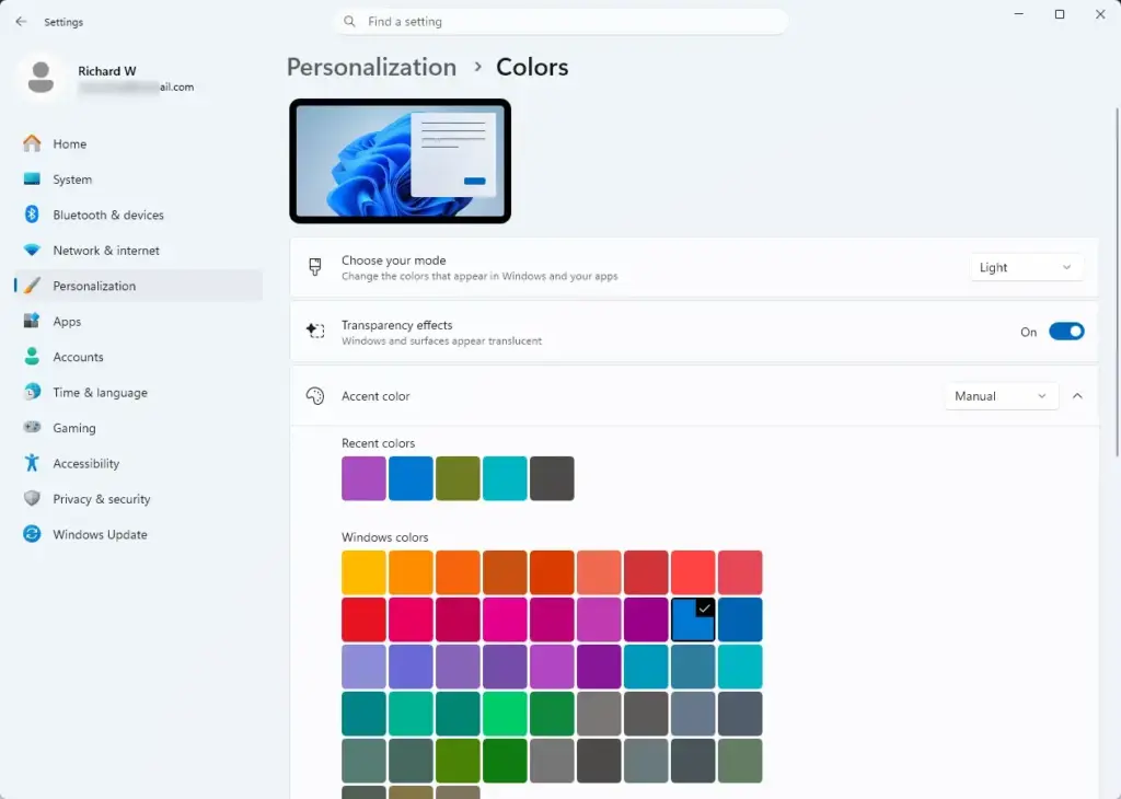 Settings › Personalization › Colors