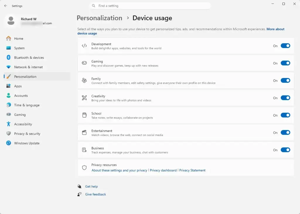 Settings › Personalization › Device usage