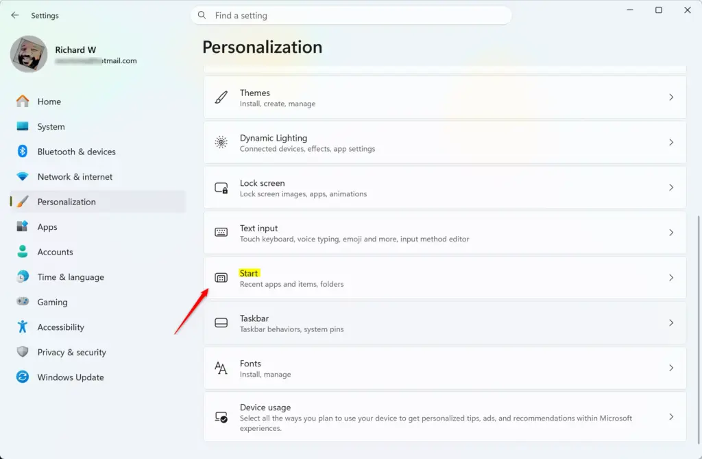 Settings › Personalization › Start