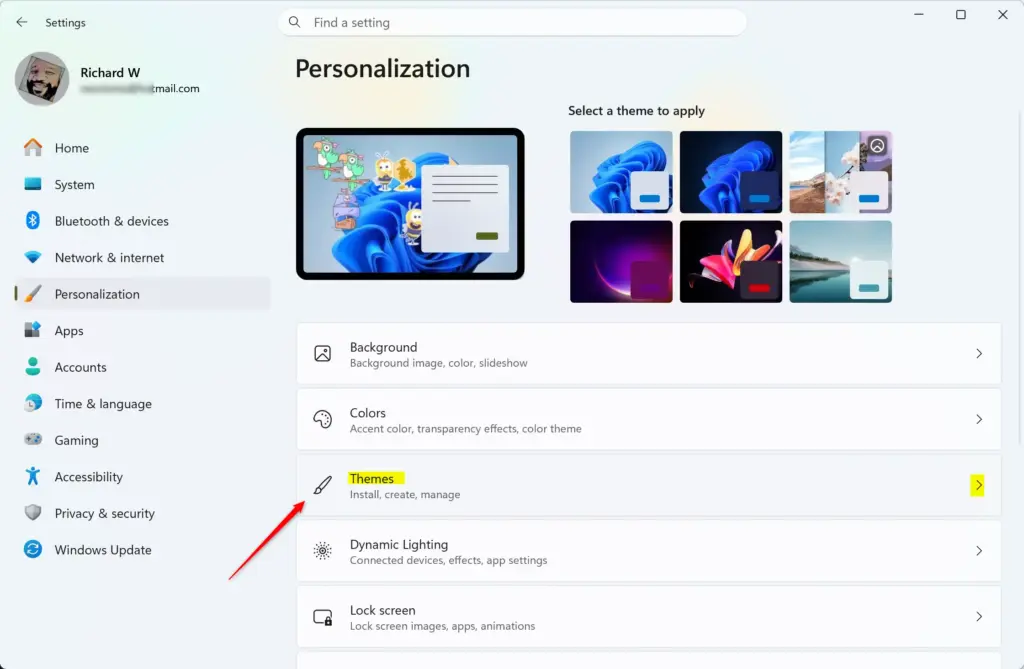 Settings › Personalization › Themes