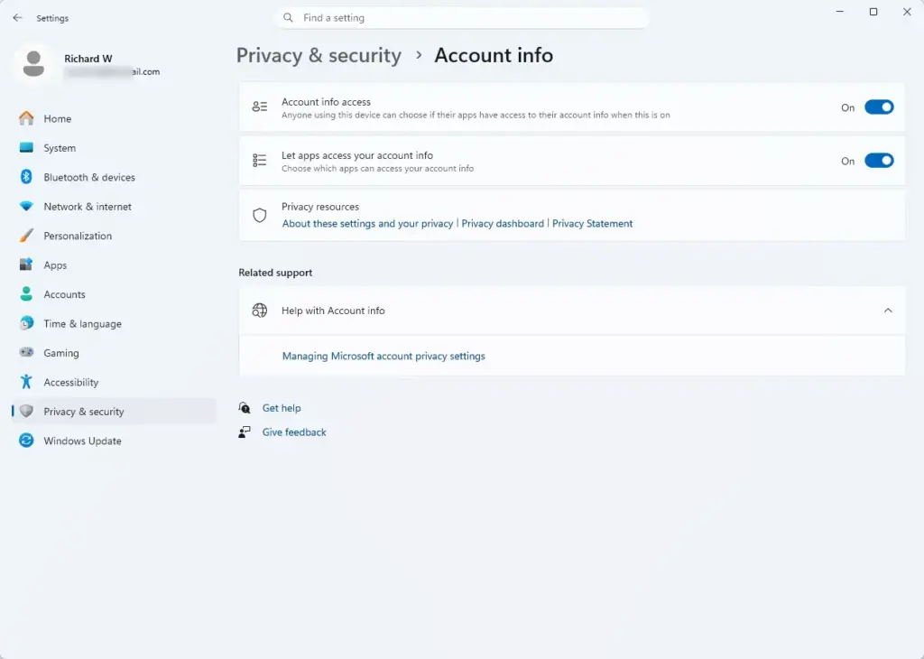 Settings › Privacy & security › Account info
