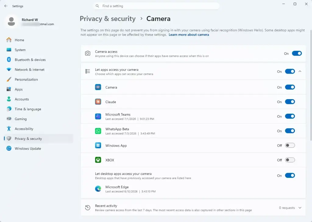 Settings › Privacy & security › Camera