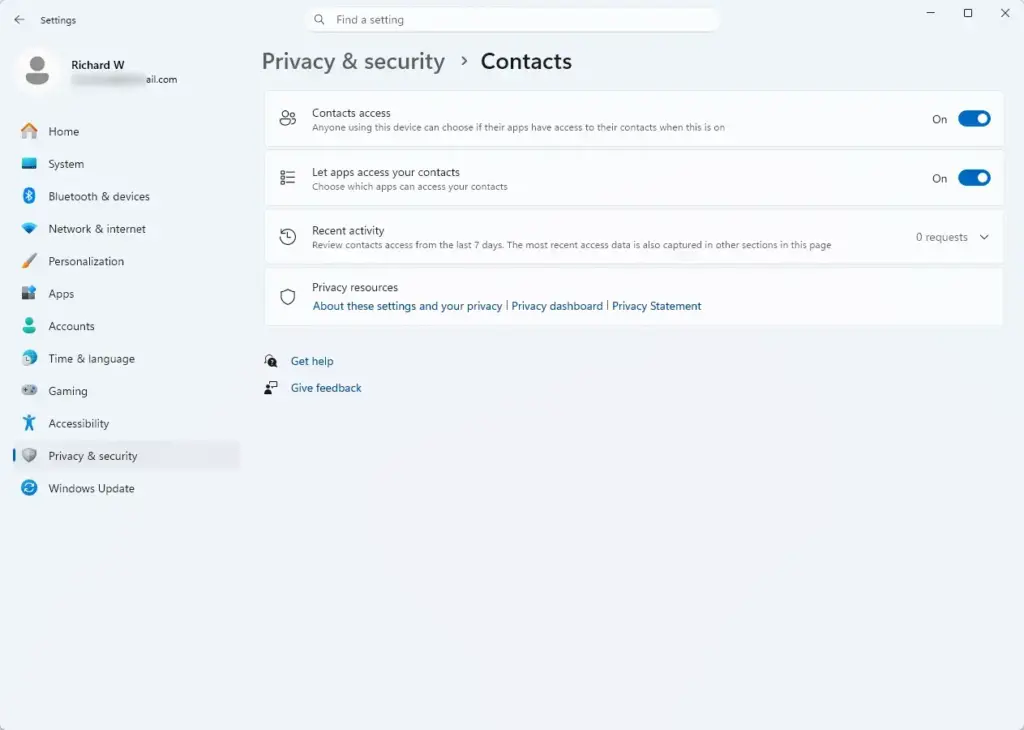Settings › Privacy & security › Contacts