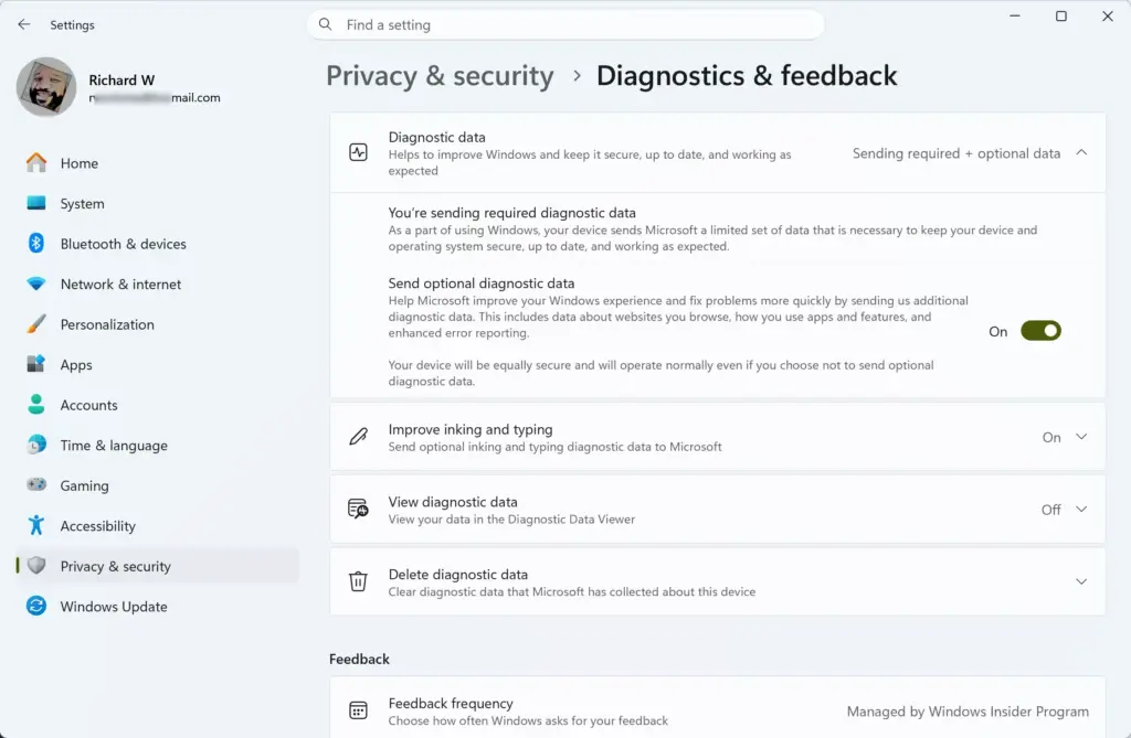 Settings › Privacy & security › Diagnostics & feedback