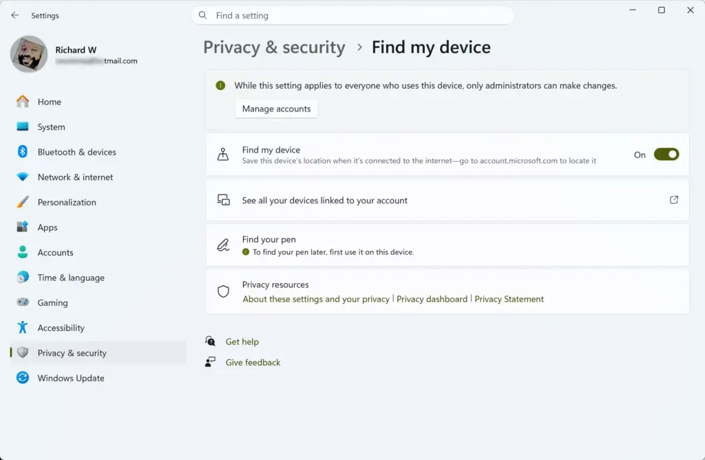 Settings › Privacy & security › Find my device
