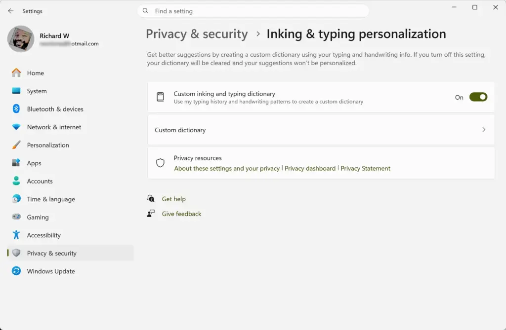 Settings › Privacy & security › Inking & typing personalization