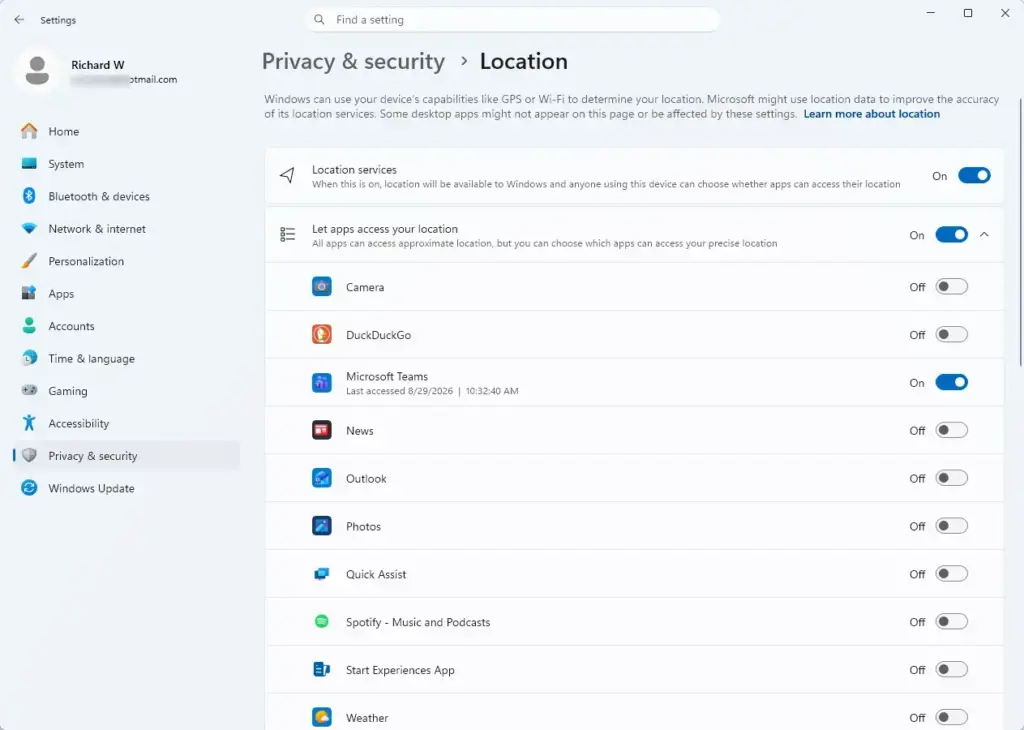 Settings › Privacy & security › Location