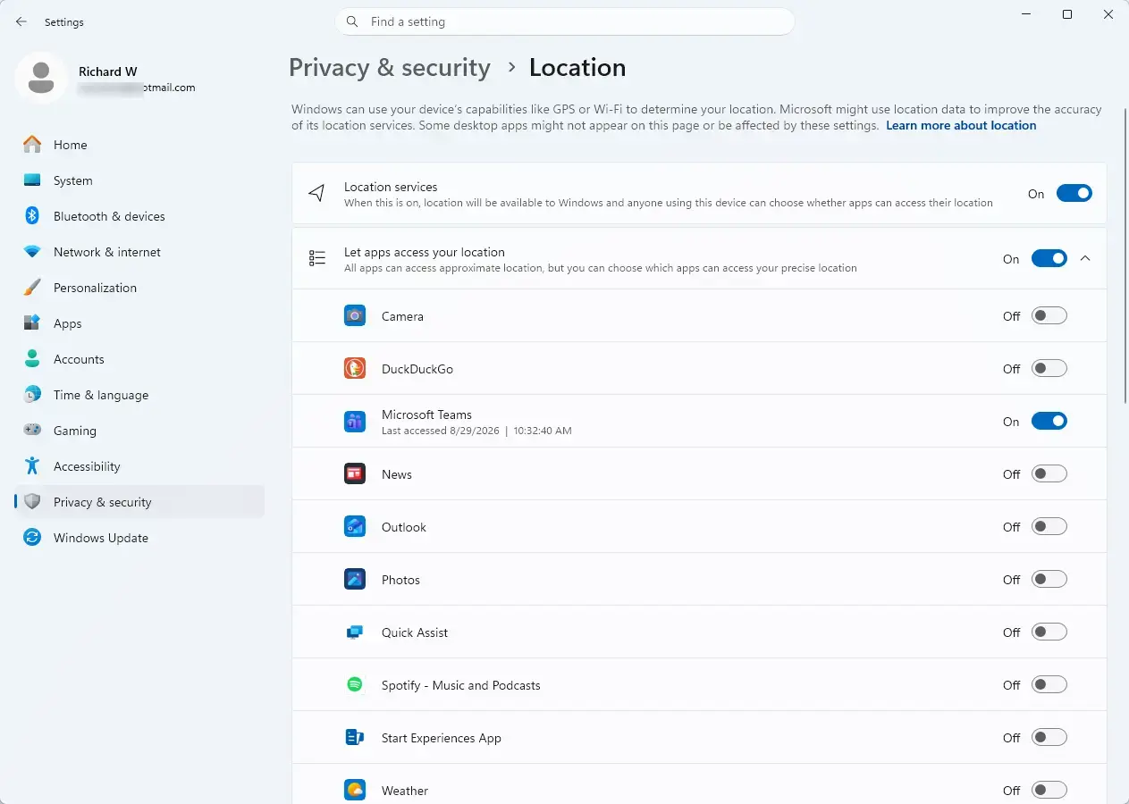 Settings › Privacy & security › Location