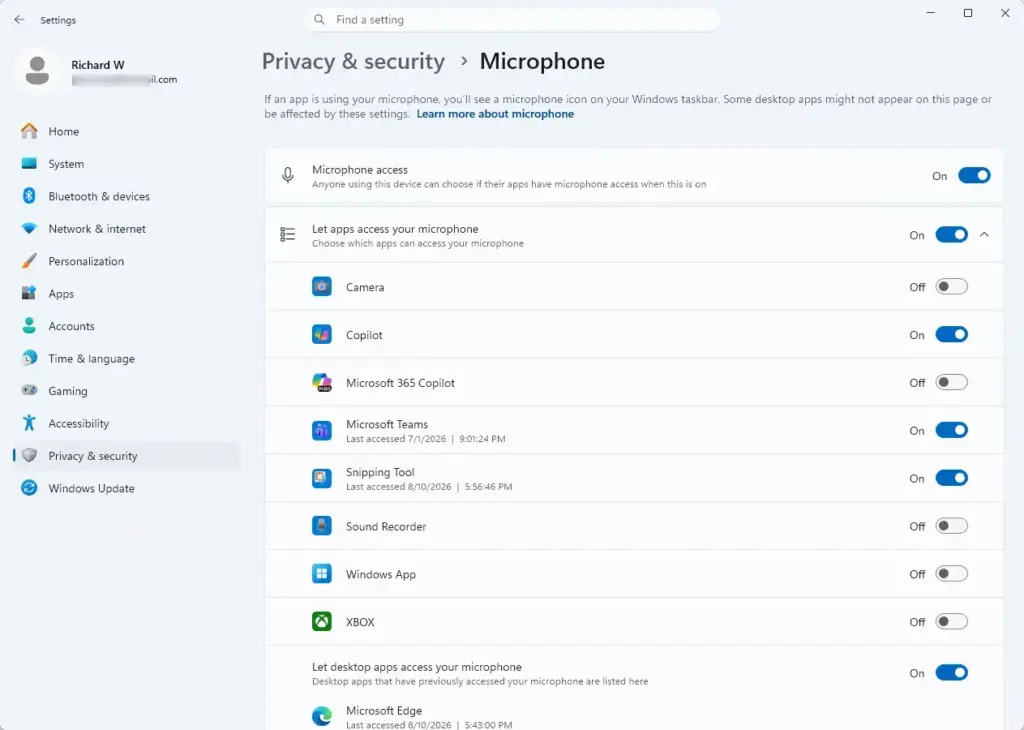 Settings › Privacy & security › Microphone