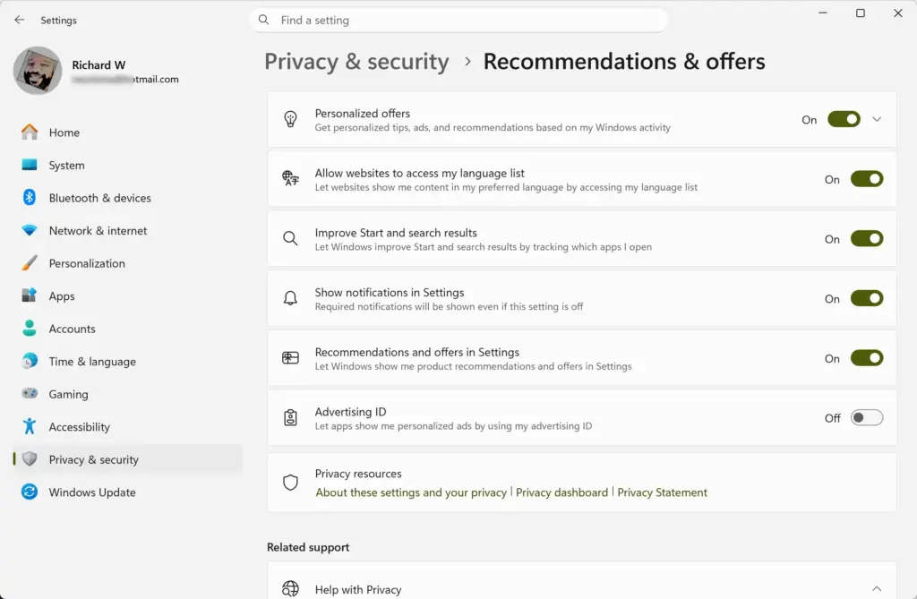 Settings › Privacy & security › Recommendations & offers