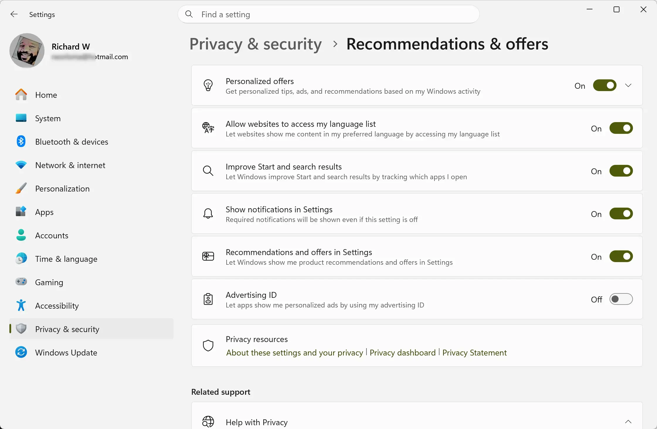 Settings › Privacy & security › Recommendations & offers