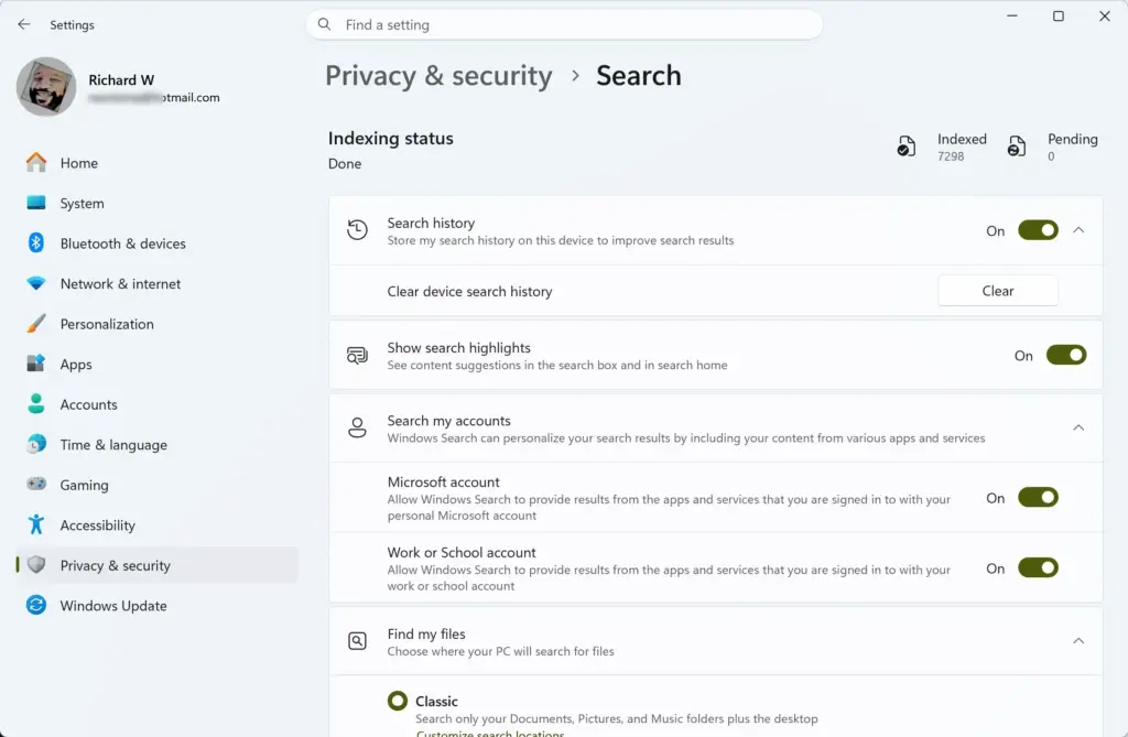 Settings › Privacy & security › Search