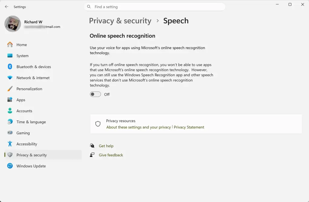 Settings › Privacy & security › Speech