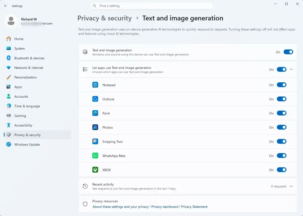 Settings › Privacy & security › Text and image generation