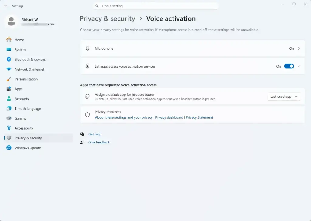 Settings › Privacy & security › Voice activation