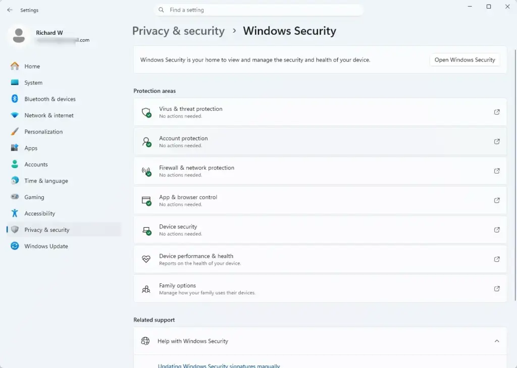 Settings › Privacy & security › Windows Security