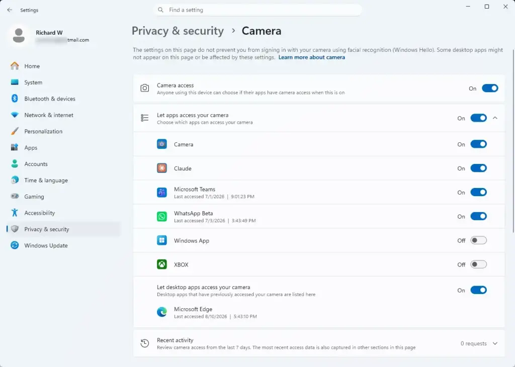Settings › Privacy › Camera