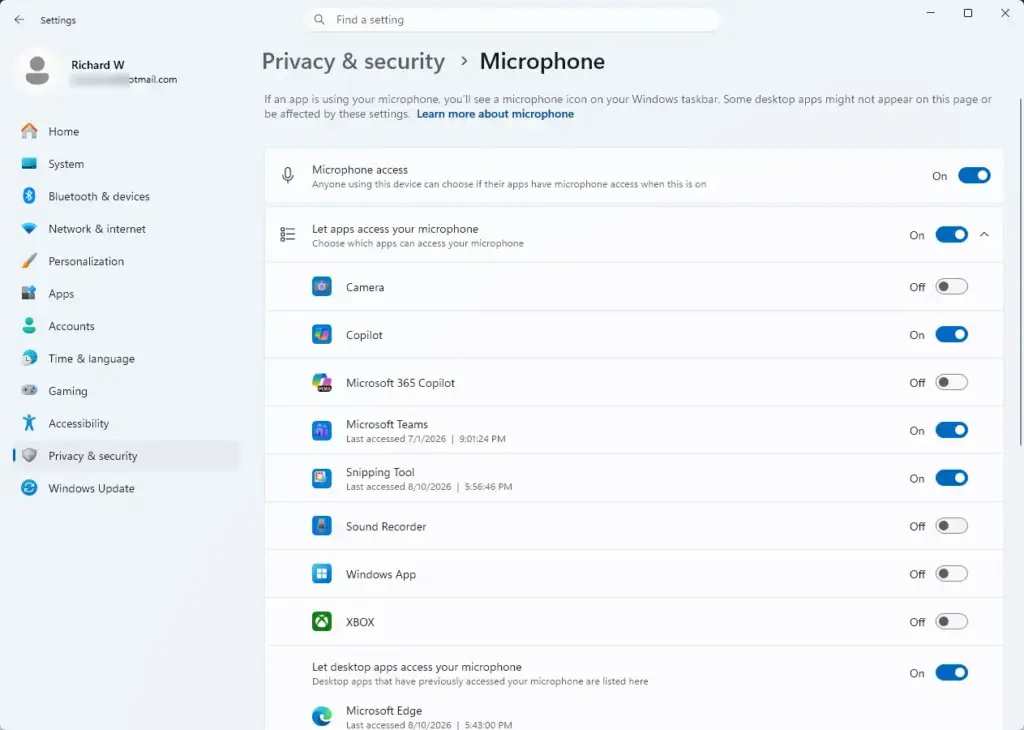 Settings › Privacy › Microphone