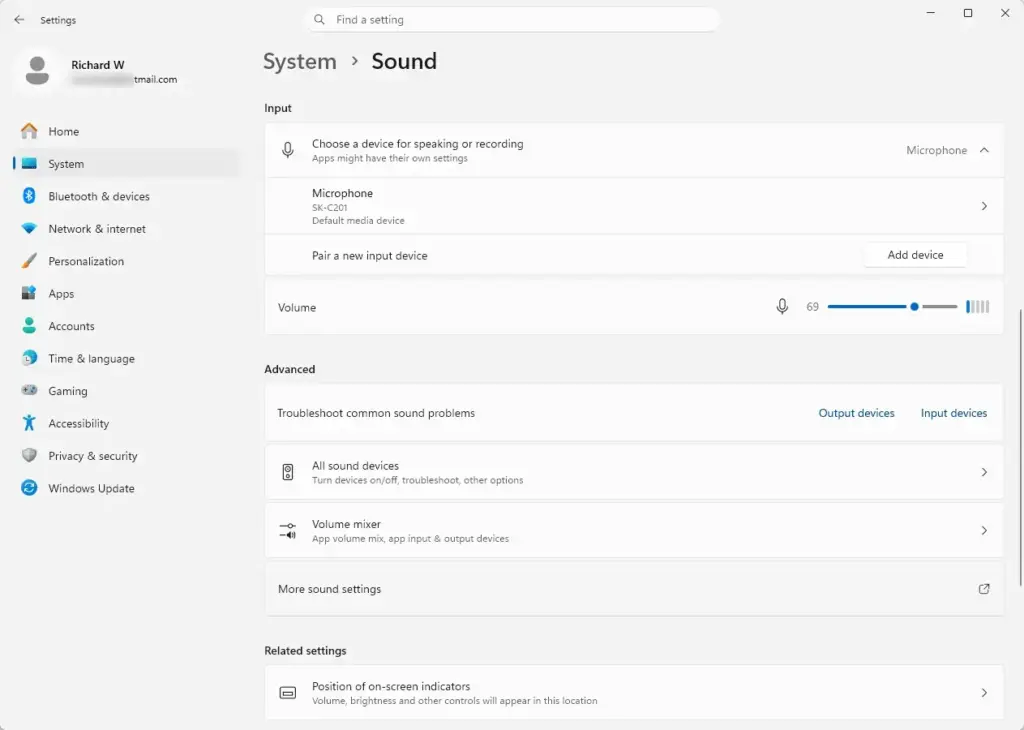 Settings › Sound › Advanced