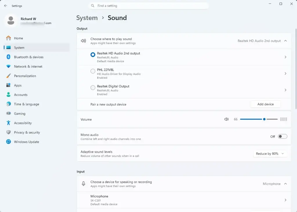 Settings › Sound › Output