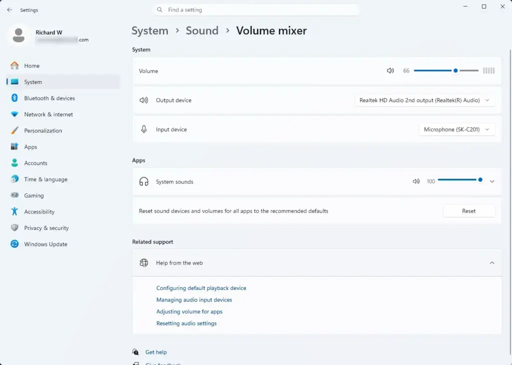 Settings › Sound › Volume mixer