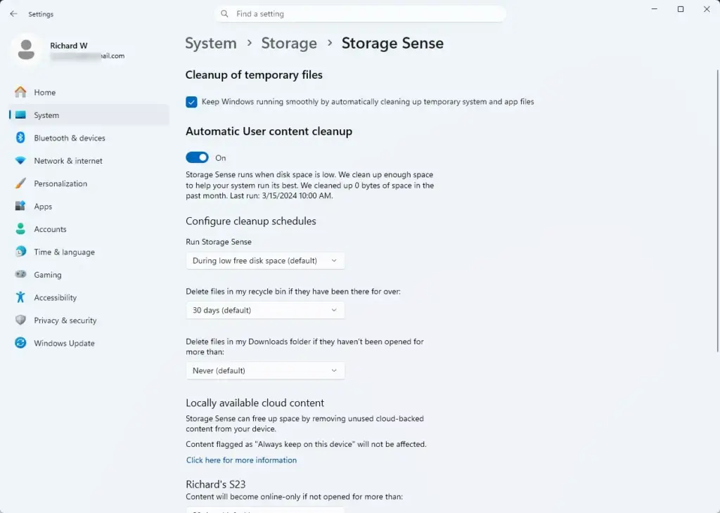 Settings › Storage › Storage Sense