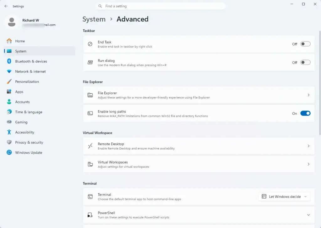 Settings › System › Advanced