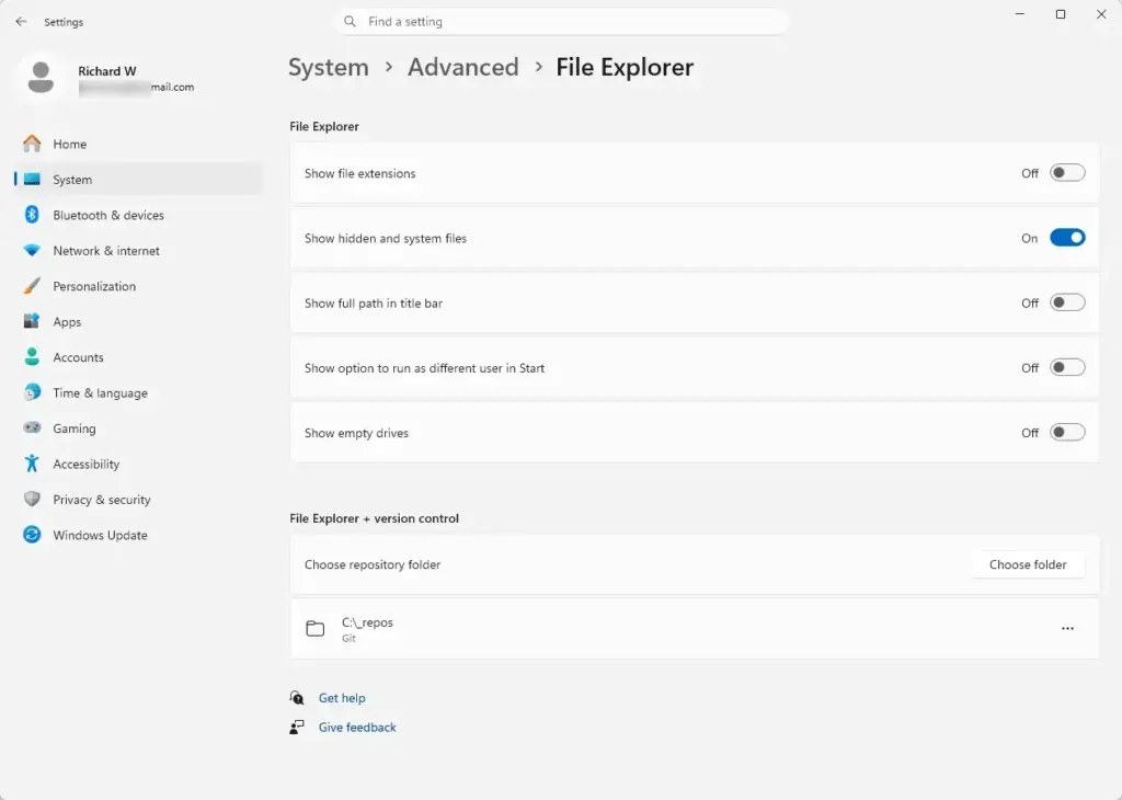 Settings › System › Advanced › File Explorer
