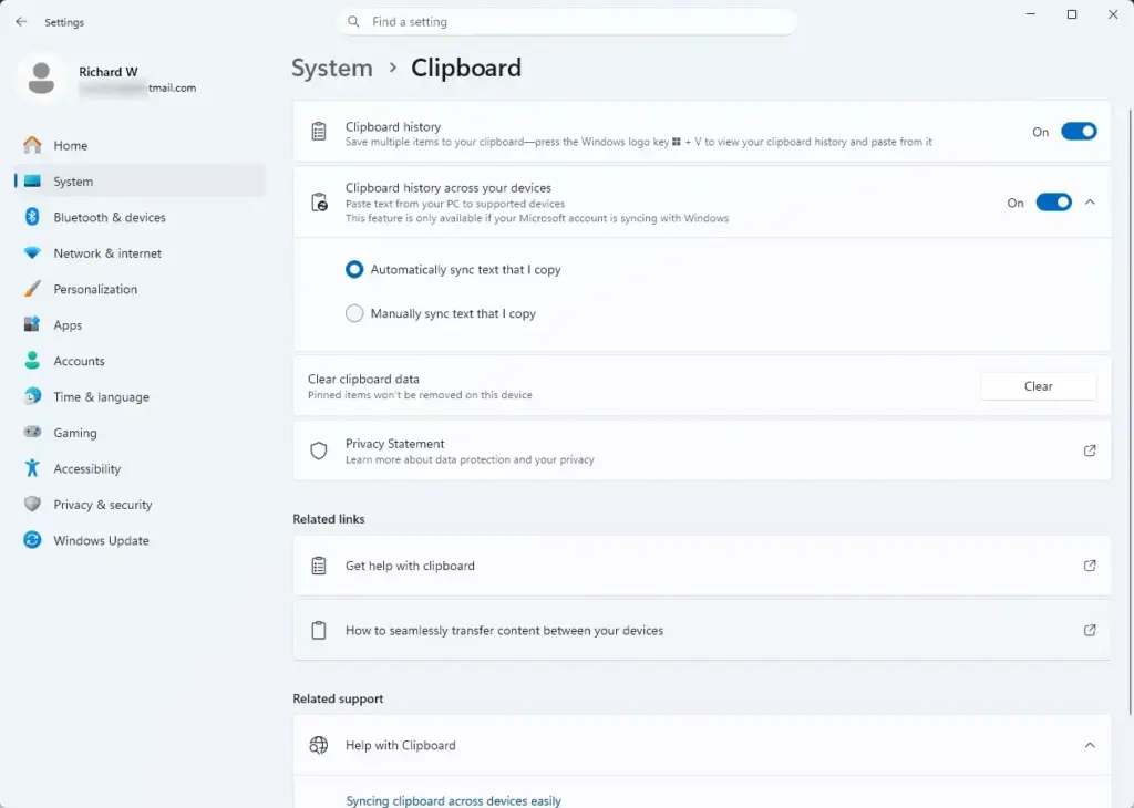 Settings › System › Clipboard