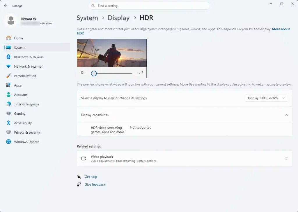 Settings › System › Display › HDR
