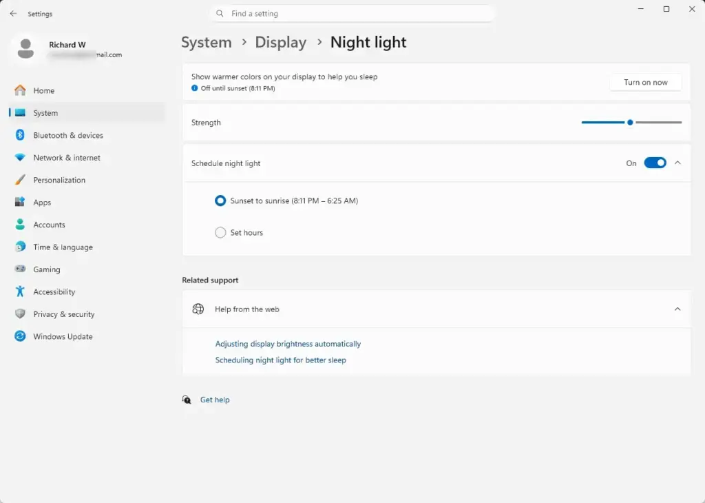Settings › System › Display › Night light
