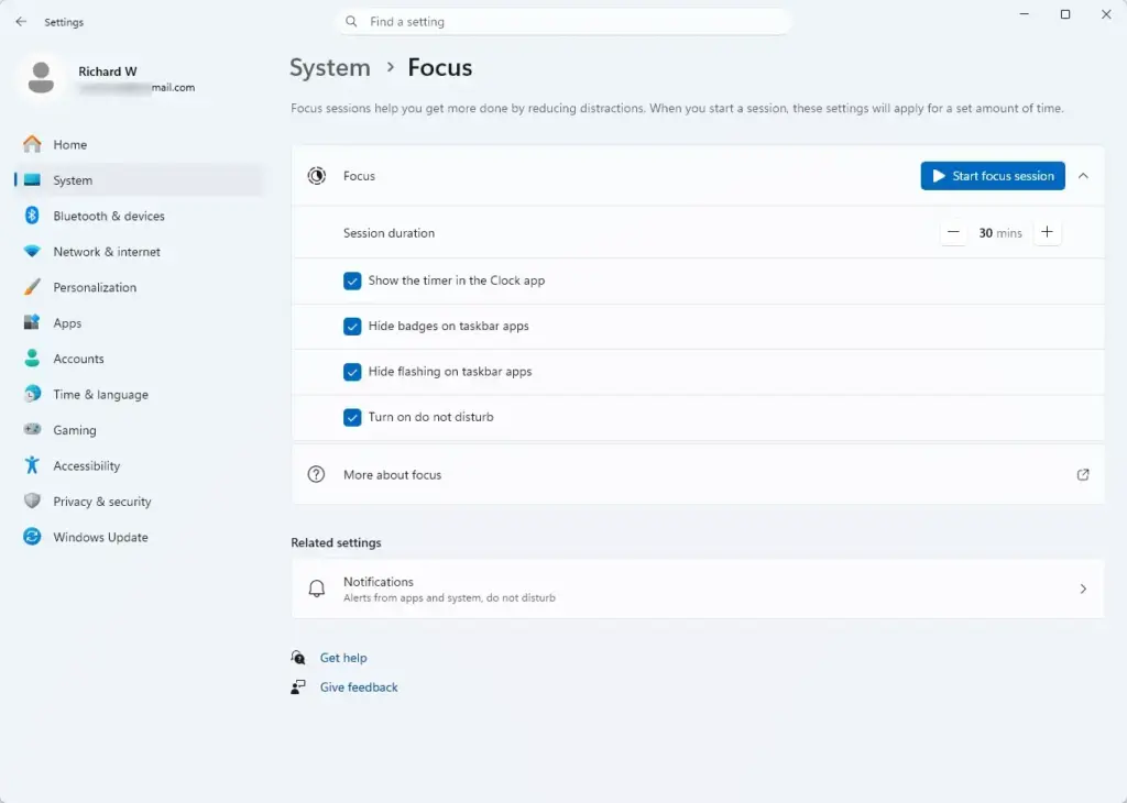 Settings › System › Focus