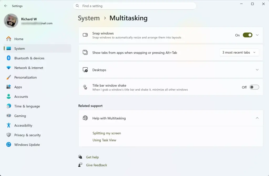 Settings › System › Multitasking