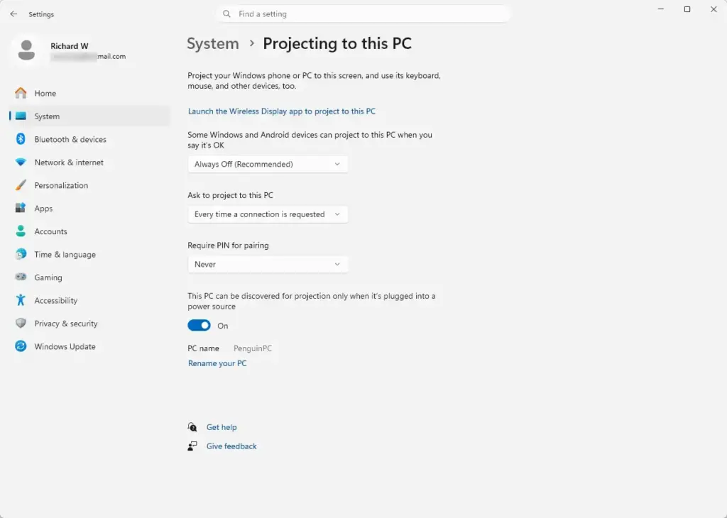 Settings › System › Projecting to this PC