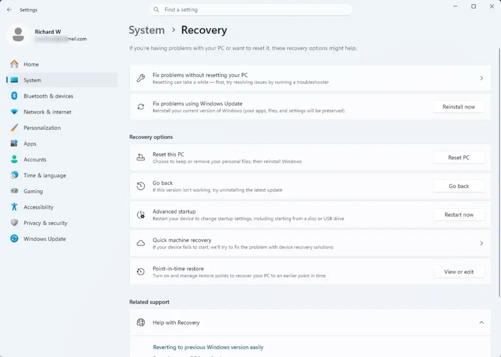 Settings › System › Recovery