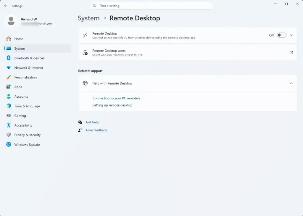 Settings › System › Remote Desktop